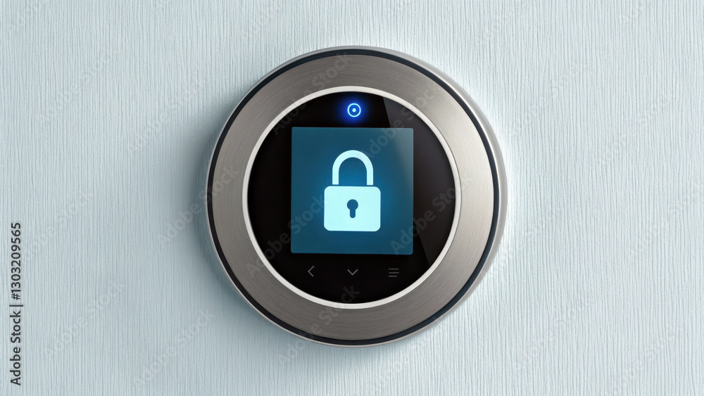 smart thermostat with digital padlock icon, showcasing modern technology and security features. This device enhances home automation and energy efficiency smart thermostat with digital padlock icon, showcasing modern technology and security features. This device enhances home automation and energy efficiency