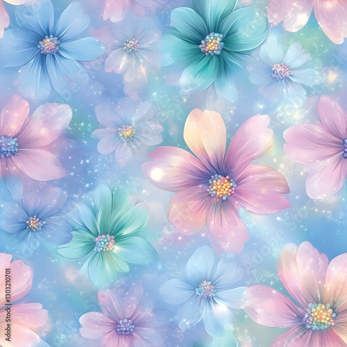 Dreamy Whimsical Floral Pattern with Sparkling Pastel Flowers.Perfect for stationery, textile prints, wallpapers, digital backgrounds, wedding invitations, and fantasy-themed designs.