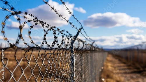 A barbed wire fence with a chain link fence in the background