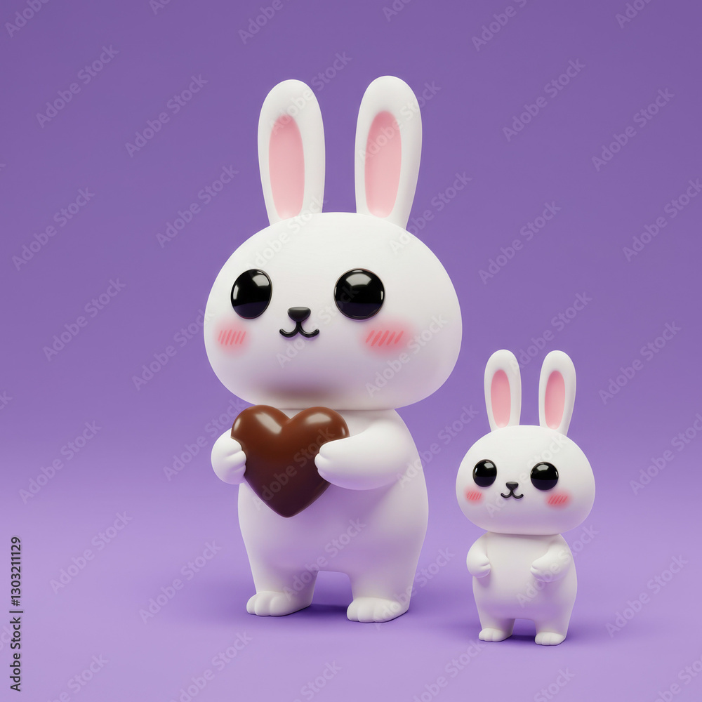 Cute Kawaii Bunnies with Chocolate Heart on a Purple Background Cute Kawaii Bunnies with Chocolate Heart on a Purple Background