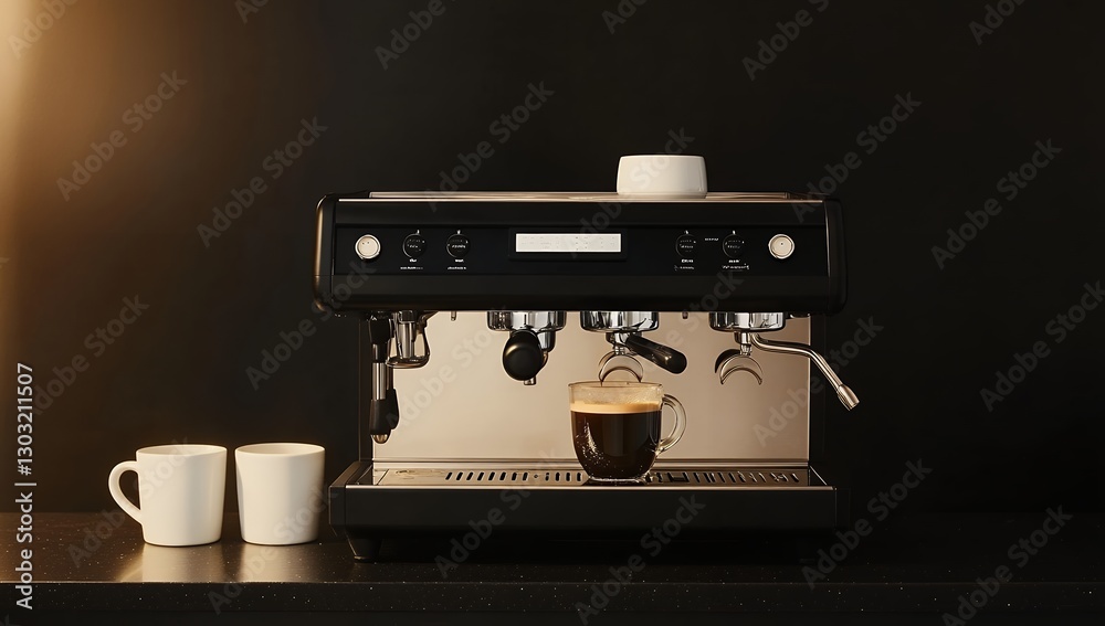 Fototapeta premium A sleek, black espresso machine prepares a rich cup of coffee, accompanied by two empty mugs