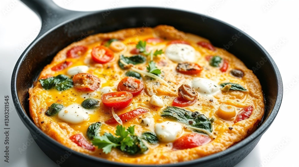 Appetizing Hot Vegetable and Cheese Frittata in a Cast Iron Skillet
