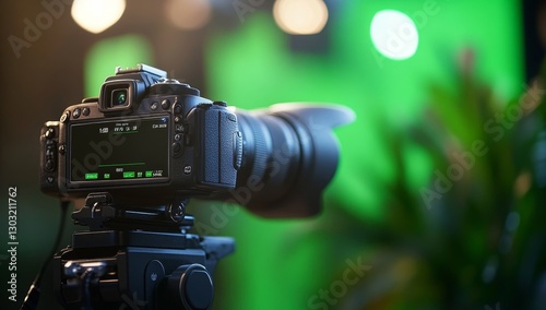 A professional digital camera is mounted on a tripod, ready for filming against a blurred green screen background