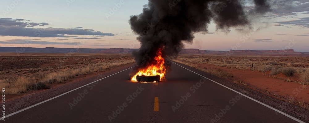 Fototapeta premium Burning vehicle on a deserted road in a barren landscape.