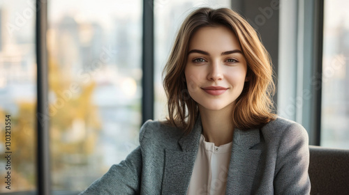 Free Download Professional woman in business attire sitting by a window in a modern office during daylight - GFXLoad