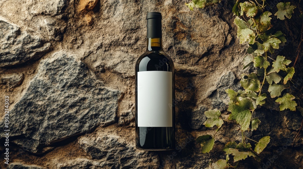 Blank white label wine bottle on textured stone surface Blank white label wine bottle on textured stone surface