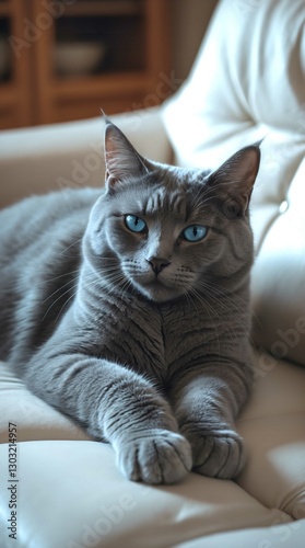 Wallpaper Mural A majestic Russian Blue cat with stunning blue eyes lounges elegantly on a cream-colored sofa, surrounded by warm lighting, exuding grace, charm, and a serene, relaxed aura. Torontodigital.ca