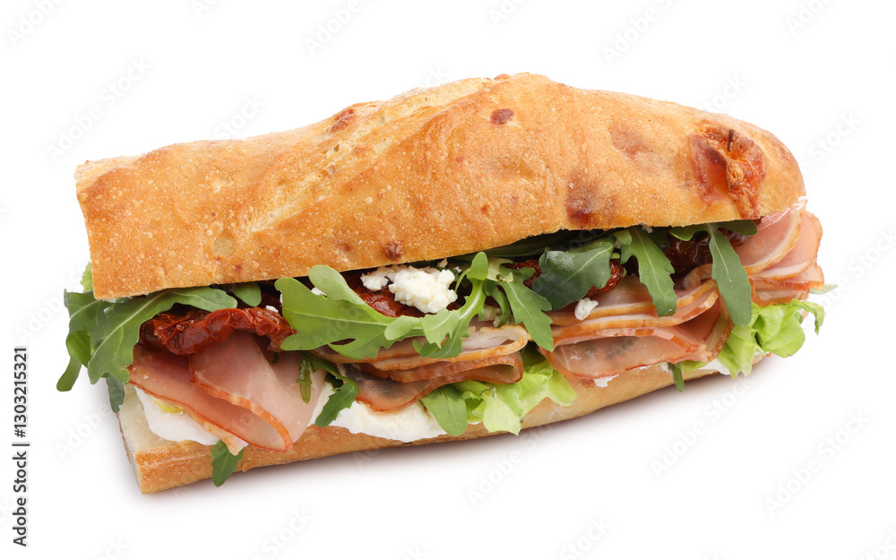 Baguette sandwich with ham and sun dried tomatoes isolated on white