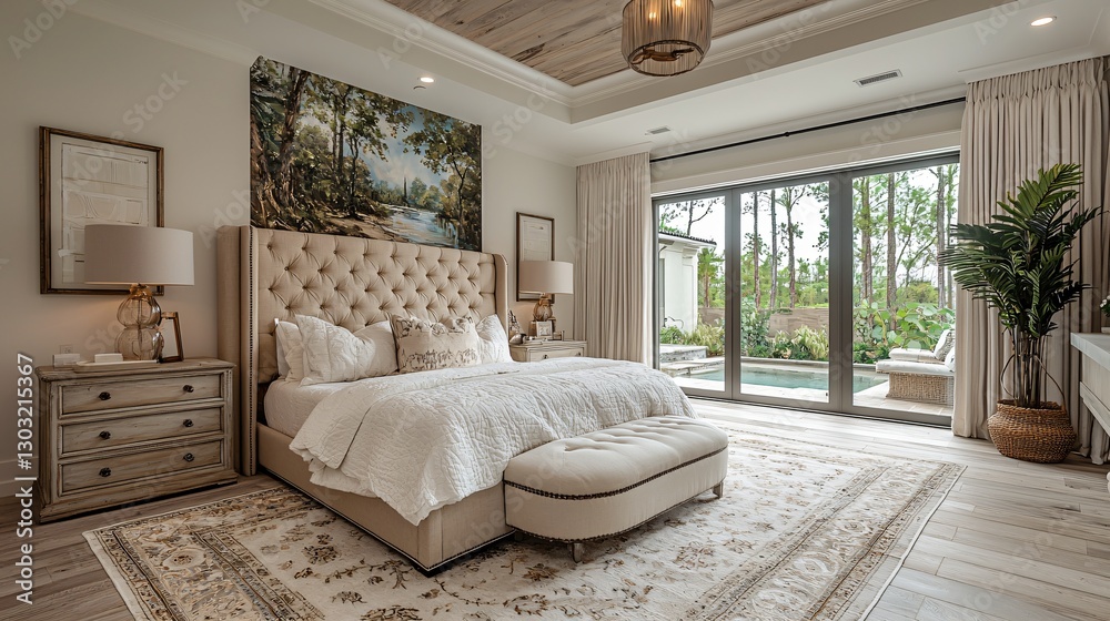 Elegant and Cozy Bedroom with Natural Light and Serene Outdoor View in Modern Interior Design Style Elegant and Cozy Bedroom with Natural Light and Serene Outdoor View in Modern Interior Design Style