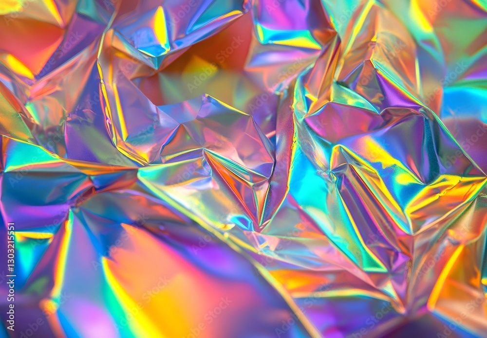 Crumpled holographic foil creates a mesmerizing rainbow pattern, reflecting a spectrum of vibrant colors Crumpled holographic foil creates a mesmerizing rainbow pattern, reflecting a spectrum of vibrant colors