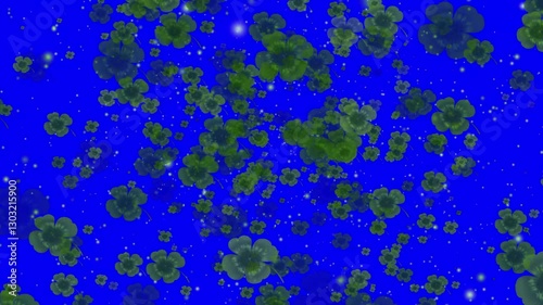 Lucky shamrocks, shiny stars and glowing glittering particles on a dark green gradient background. This Saint Patrick's Day celebration party background. On an alpha channel, transparent background .