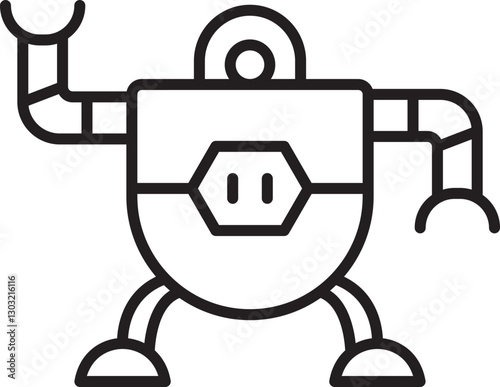 Cartoon robot character with shield design line icon