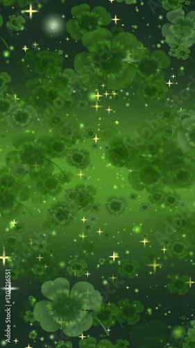 Symbols of clover shamrock - St. Patrick. Lucky shamrocks, shiny stars and glowing glittering particles on a dark green gradient background. This Saint Patrick's Day celebration party background.