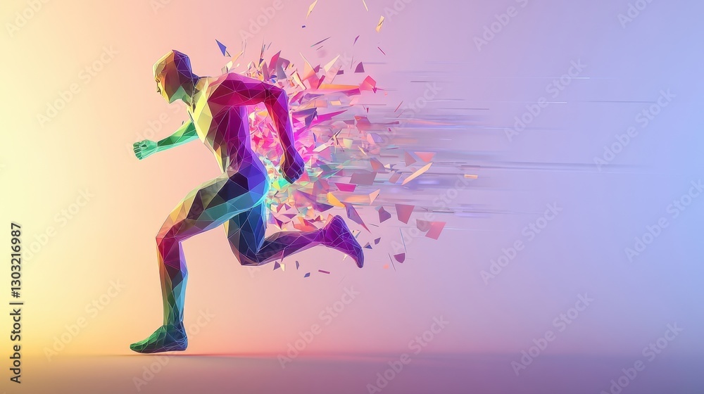 Abstract Runner: A Polygonal Figure in Motion, Exploding with Vibrant Colors and Dynamic Energy