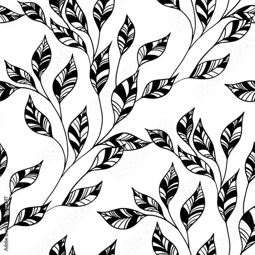 Black twigs with leaves seamless print.