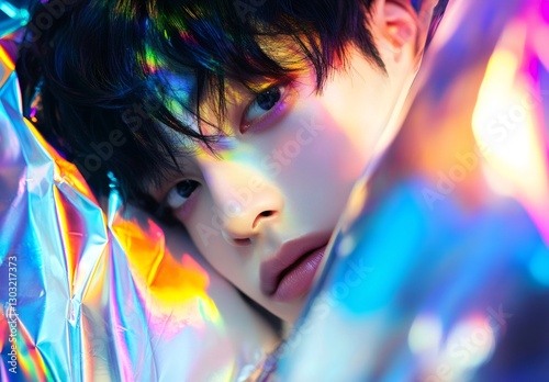 Young male kpop idol wearing shimmering, iridescent fabric, revealing prismatic light reflections across facial features with ethereal luminescence