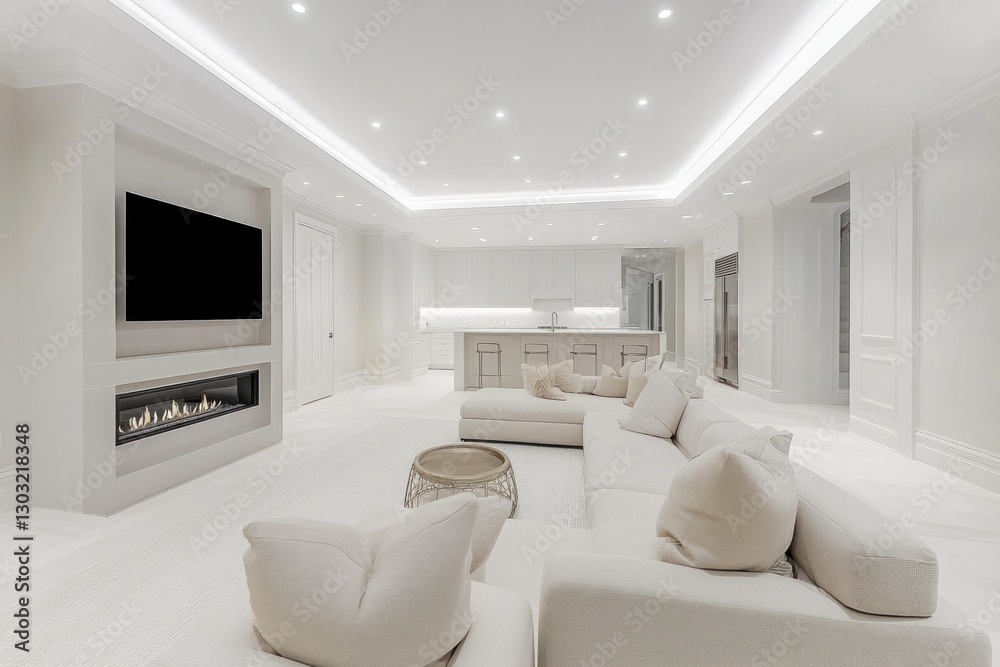 Fototapeta premium Modern white basement family room with fireplace and kitchen view. Interior design