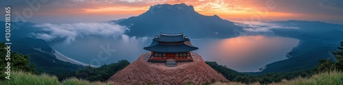 Breathtaking Panoramic View of Japanese Temple Overlooking Mountain Lake with Mist and Mystical Sunrise Scenery in Scenic Landscape Perfect for Tranquil Retreats