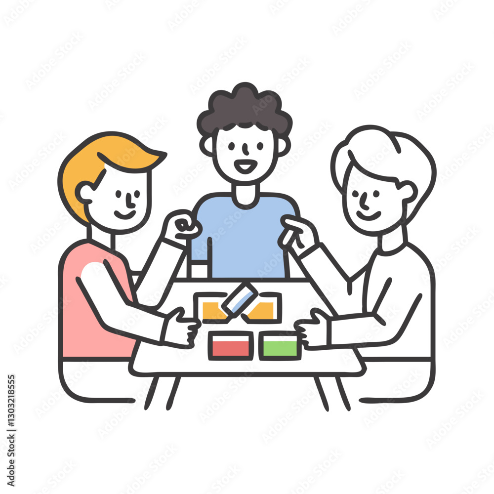 Three friends playing a board game, teamwork and strategic thinking illustration Three friends playing a board game, teamwork and strategic thinking illustration