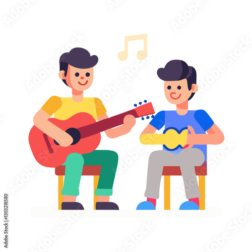 Two musicians playing guitar together, fun music and creativity illustration