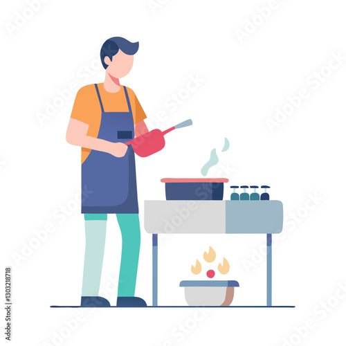 Man cooking on an outdoor stove, flat design illustration of camping and outdoor meal preparation