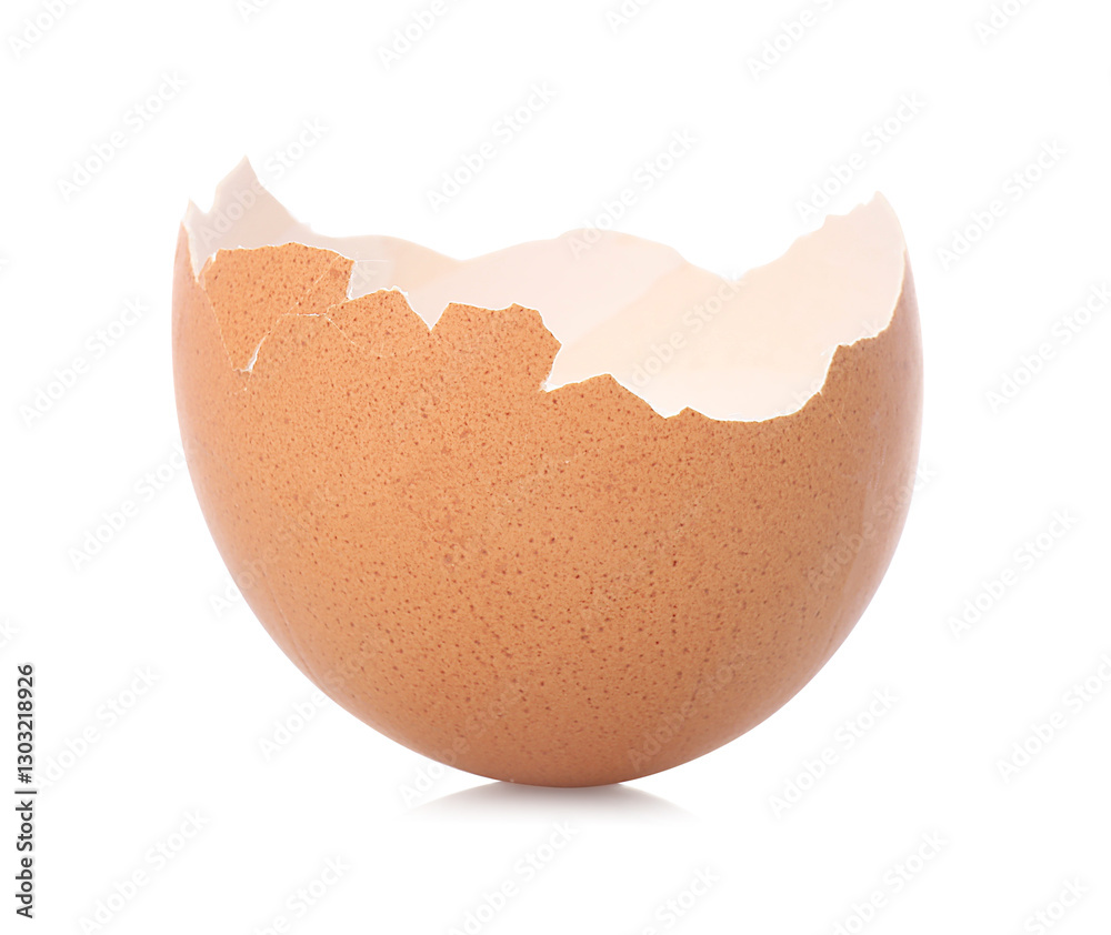 One piece of broken eggshell on mirror surface against white background