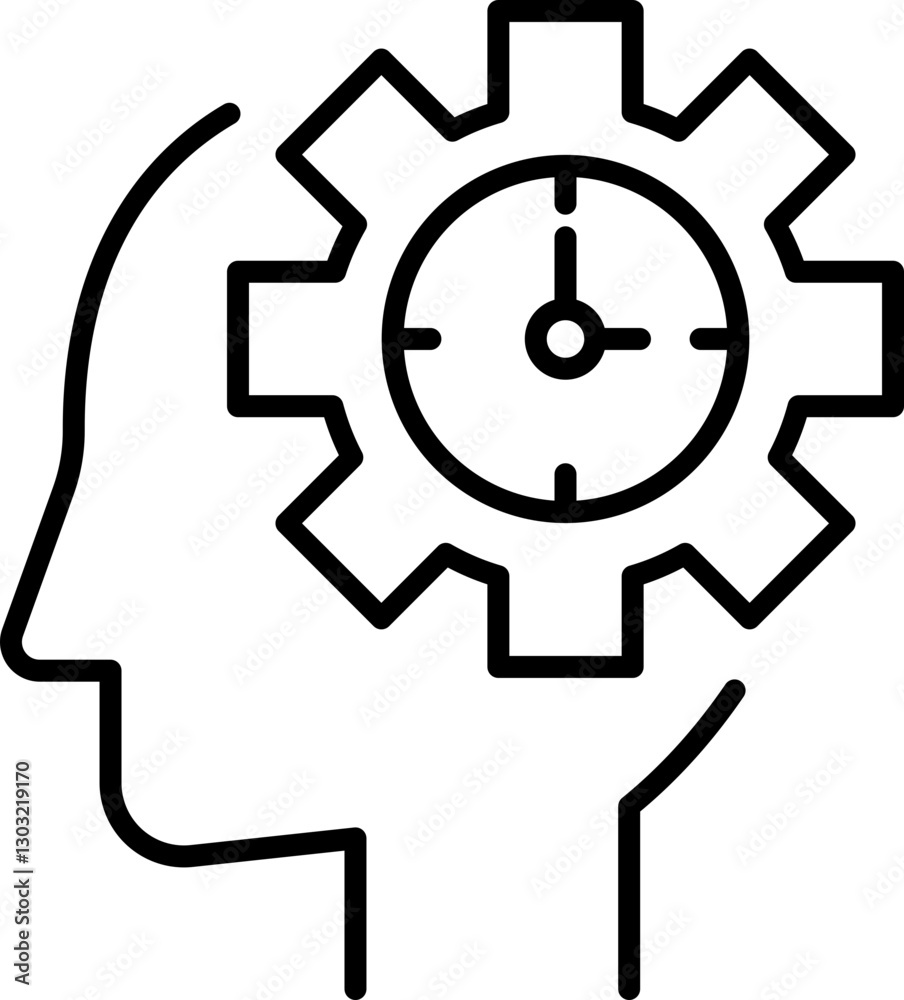 Mind with gear and clock symbolizing thinking line icon Mind with gear and clock symbolizing thinking line icon