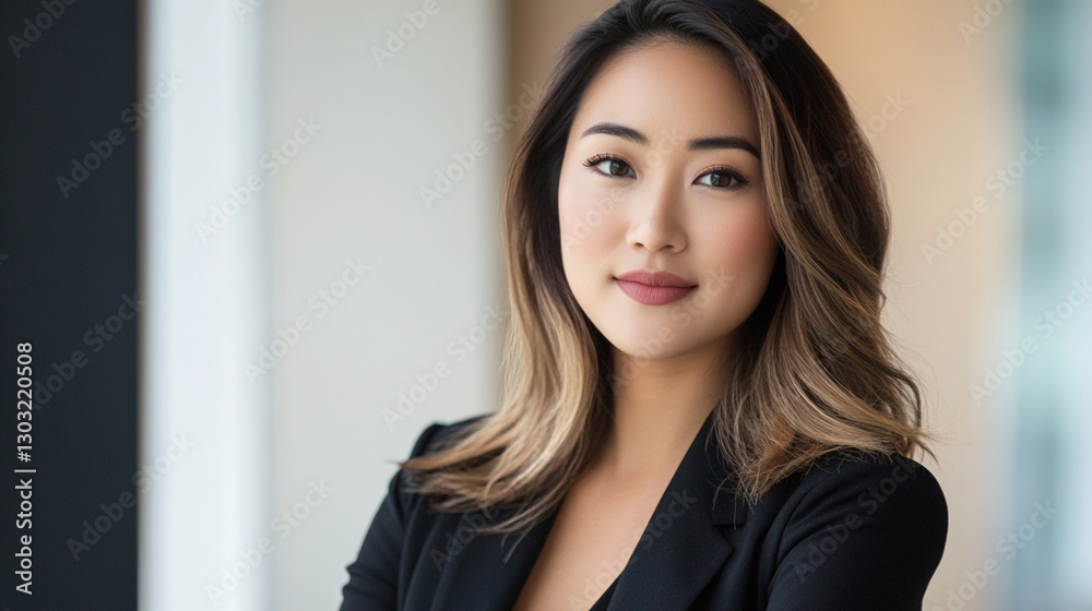 A confident young woman in a professional setting, showcasing a warm yet assertive demeanor