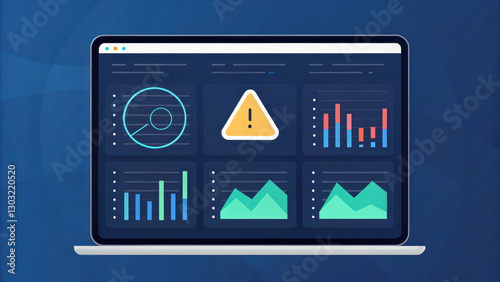 digital dashboard displaying various data visualizations, including graphs and warning alert icon, conveying important information