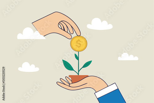 Investment growth, prosperity or earn more money from savings, mutual funds or opportunity to make profit and increase wealth, businessman investor hand holding money flower plant from pile of coins.