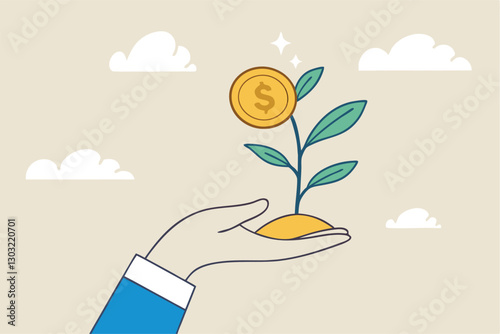 Investment growth, prosperity or earn more money from savings, mutual funds or opportunity to make profit and increase wealth, businessman investor hand holding money flower plant from pile of coins.