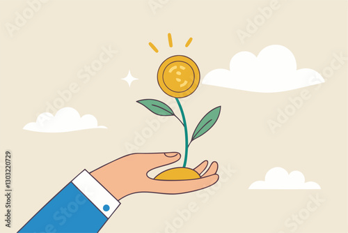 Investment growth, prosperity or earn more money from savings, mutual funds or opportunity to make profit and increase wealth, businessman investor hand holding money flower plant from pile of coins.