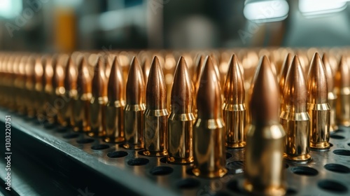 A row of bullets are lined up on a metal tray