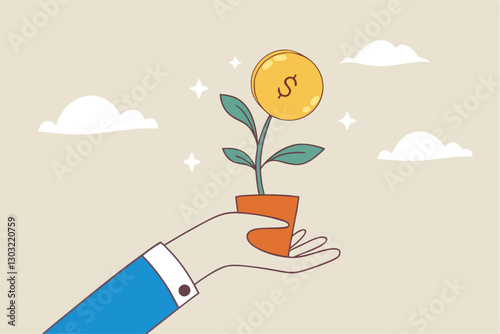 Investment growth, prosperity or earn more money from savings, mutual funds or opportunity to make profit and increase wealth, businessman investor hand holding money flower plant from pile of coins.