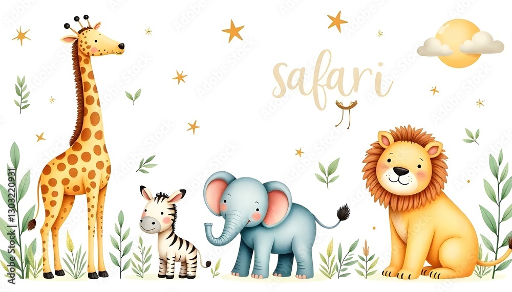 Obraz premium Ilustración en acuarela de un conjunto de animales y plantas de safari, incluidos una jirafa, un tigre, un elefante, una cebra, un rinoceronte y un león