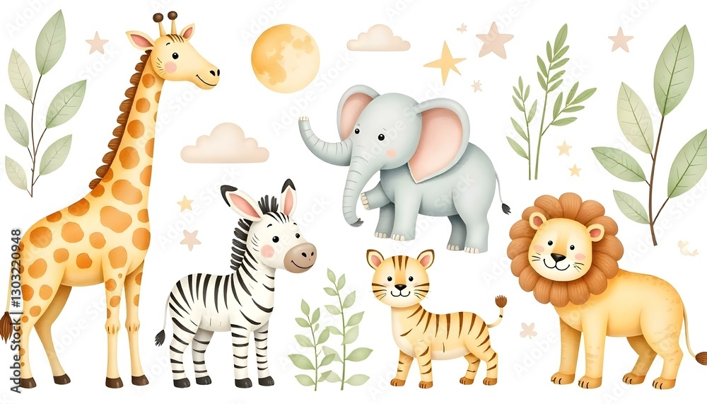 Ilustración en acuarela de un conjunto de animales y plantas de safari, incluidos una jirafa, un tigre, un elefante, una cebra, un rinoceronte y un león Ilustración en acuarela de un conjunto de animales y plantas de safari, incluidos una jirafa, un tigre, un elefante, una cebra, un rinoceronte y un león