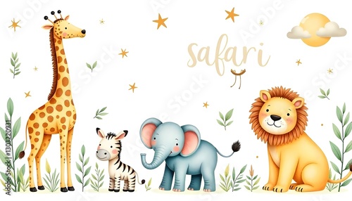 Ilustración en acuarela de un conjunto de animales y plantas de safari, incluidos una jirafa, un tigre, un elefante, una cebra, un rinoceronte y un león