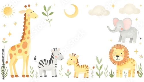 Ilustración en acuarela de un conjunto de animales y plantas de safari, incluidos una jirafa, un tigre, un elefante, una cebra, un rinoceronte y un león