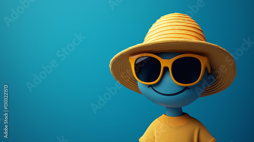 cartoon character wearing a bright yellow hat and sunglasses, smiling broadly, with plenty of copy space