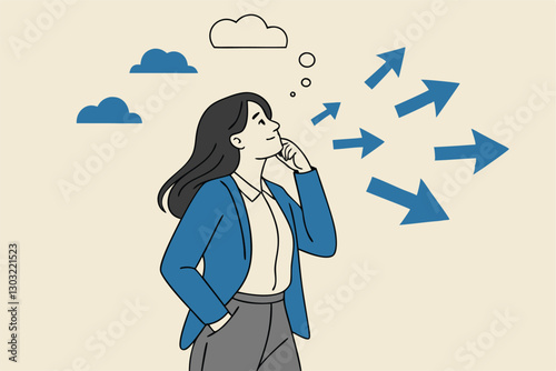 Tough decisions, choosing career path, make choices or think about final result, business directions challenge, confusion or decide options concept, businesswoman thinking and make business decisions.