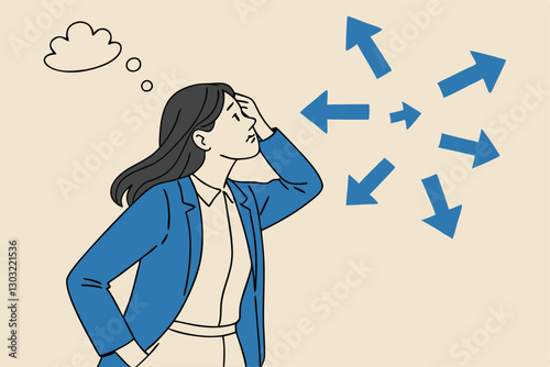Tough decisions, choosing career path, make choices or think about final result, business directions challenge, confusion or decide options concept, businesswoman thinking and make business decisions.