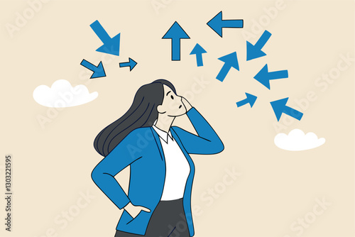 Tough decisions, choosing career path, make choices or think about final result, business directions challenge, confusion or decide options concept, businesswoman thinking and make business decisions.