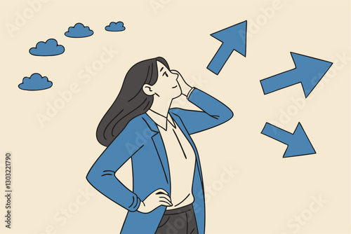 Tough decisions, choosing career path, make choices or think about final result, business directions challenge, confusion or decide options concept, businesswoman thinking and make business decisions.
