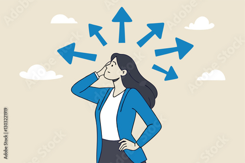 Tough decisions, choosing career path, make choices or think about final result, business directions challenge, confusion or decide options concept, businesswoman thinking and make business decisions.