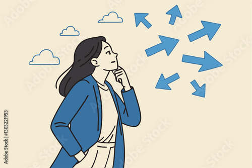 Tough decisions, choosing career path, make choices or think about final result, business directions challenge, confusion or decide options concept, businesswoman thinking and make business decisions.