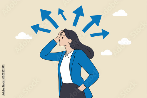 Tough decisions, choosing career path, make choices or think about final result, business directions challenge, confusion or decide options concept, businesswoman thinking and make business decisions.