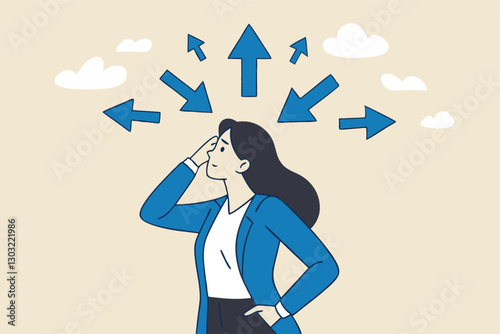 Tough decisions, choosing career path, make choices or think about final result, business directions challenge, confusion or decide options concept, businesswoman thinking and make business decisions.