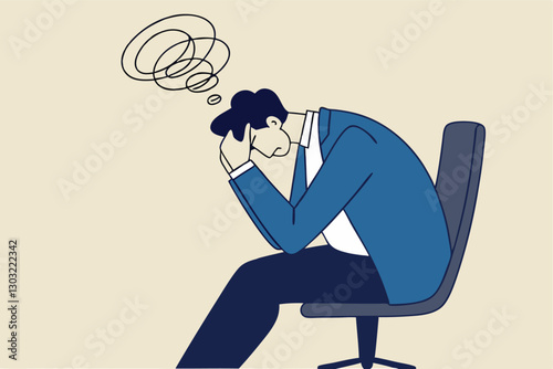 Regret on business mistake, frustration or depressed, stupidity or foolish losing all money, stressed and anxiety on failure concept, frustrated businessman holding his head sitting alone on the chair