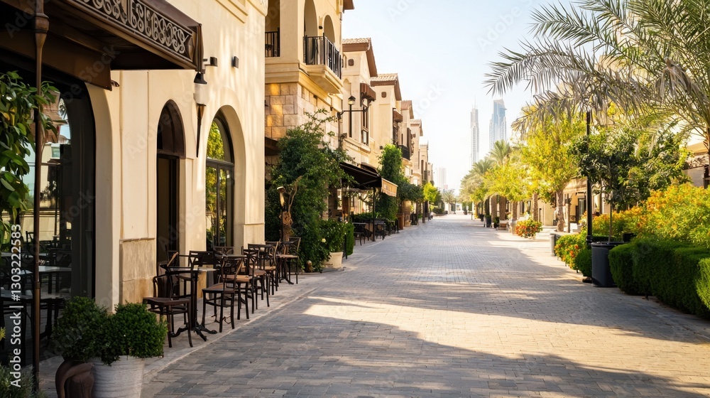 Fototapeta premium A street with a row of shops and cafes