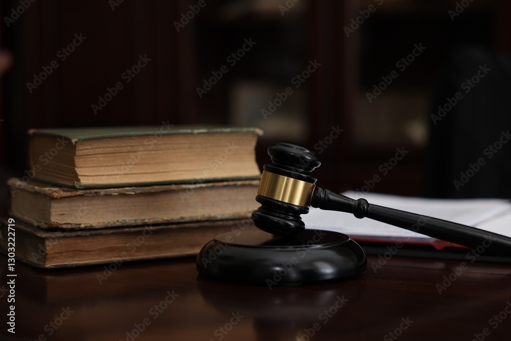Judge workplace with gavel and books indoors Judge workplace with gavel and books indoors